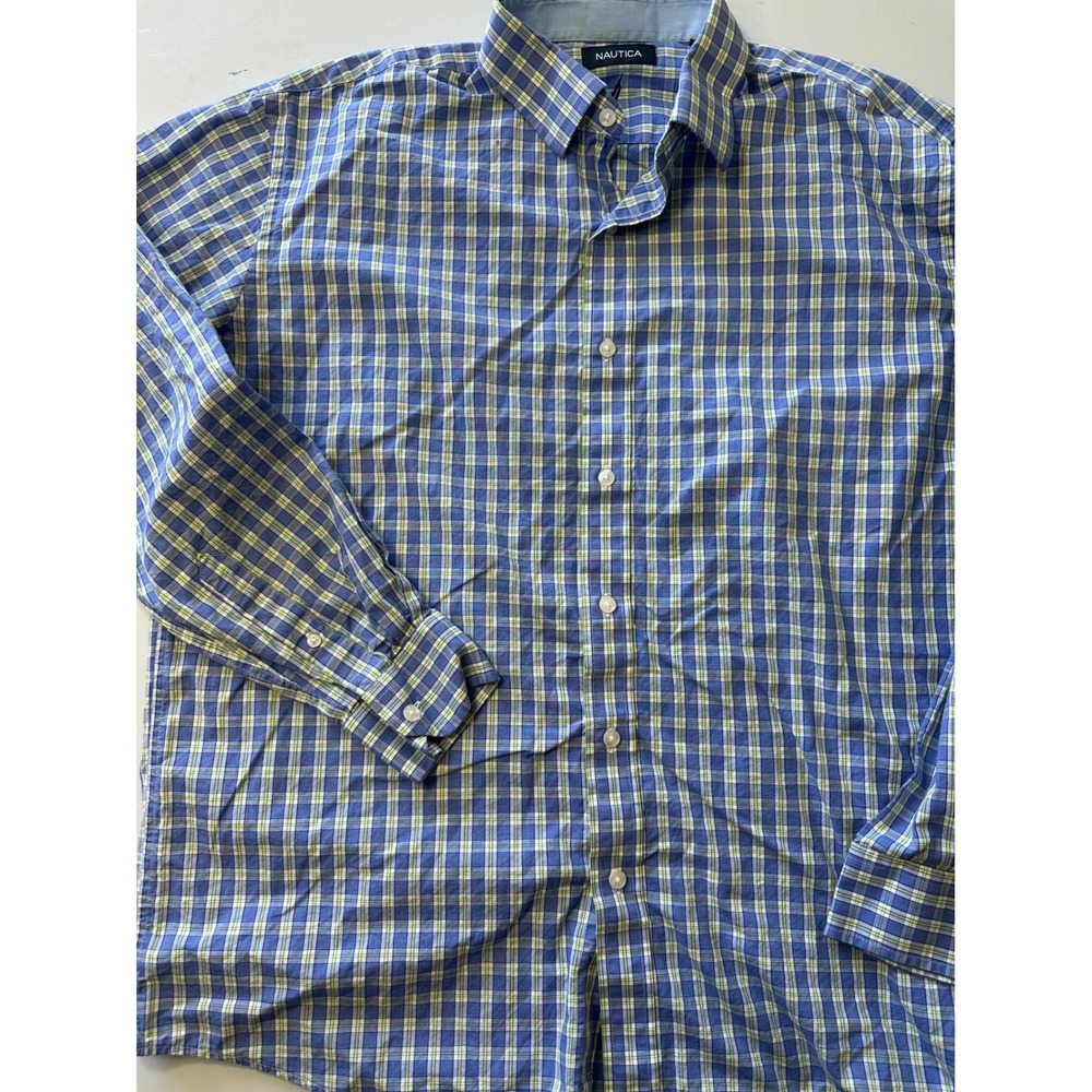 Nautica Mens Plaid Button Down Shirt Blue Green White Long Sleeve 16.5 34/35